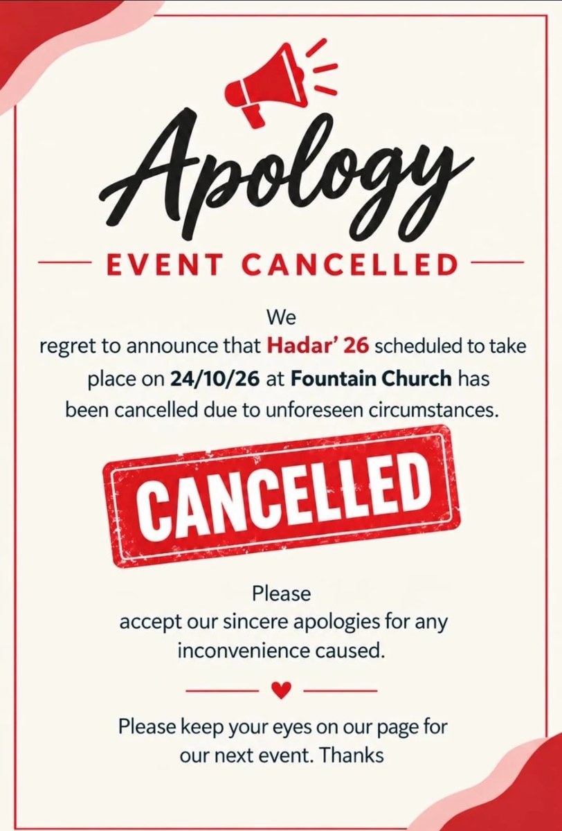 Apology: Hadar'26 on 24 October 2026 at Fountain Church, Bradford has been cancelled